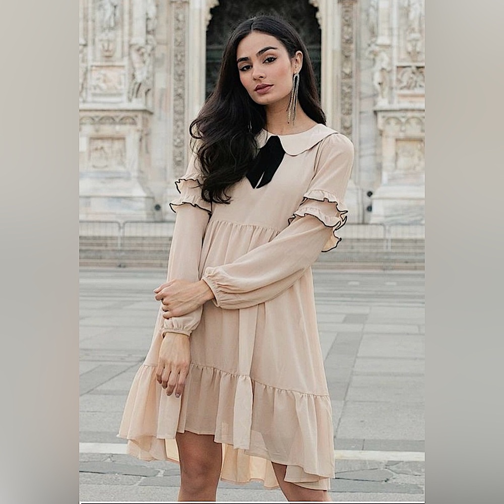 🐚Joyfolie Parisian Mini/Midi Dress in Shell Taupe and Black, S, NWT✨